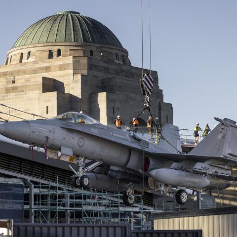 FA-18A Classic Hornet being craned into the new Anzac Hall