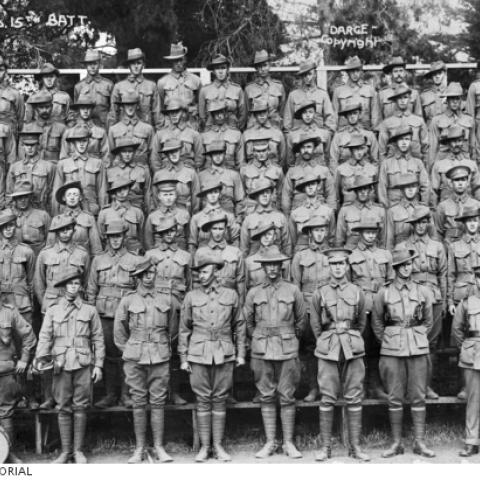 The Australian War Memorial will commemorate Brisbane resident Private Frederick Blake (second row, ninth from left) at the Last Post Ceremony on 20 May 2025. AWM A03577.