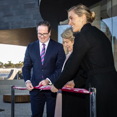 Anne Carroll OAM, Minister for Veterans' Affairs and Defence Personnel Matt Keogh and Project Manager Melanie Dodd opening the CEW Bean Building