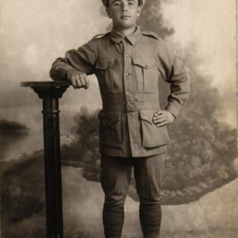 Studio portrait of 974 Private William Keating, C Company, 32nd Battalion, of Geraldton, WA. Photo: Australian War Memorial. P09768.001.
