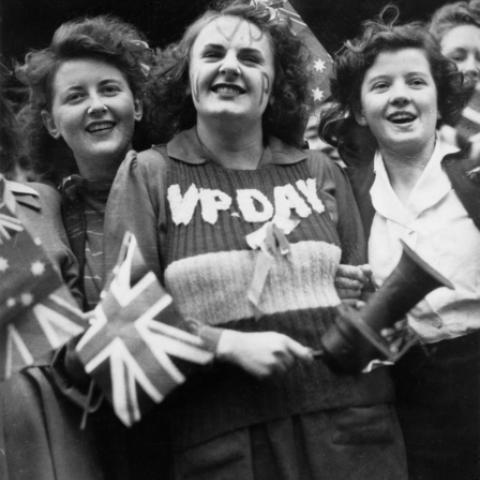 Miss Lois Martin was captured celebrating the end of the war on a Melbourne street by a roving photographer. She stood out among the crowd with her handmade vest and painted face.