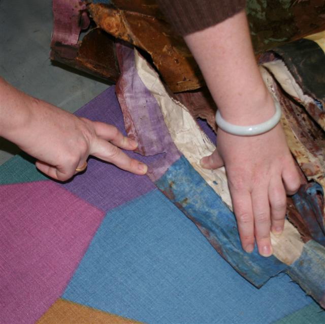 Underside linen against purple and blue original fabric