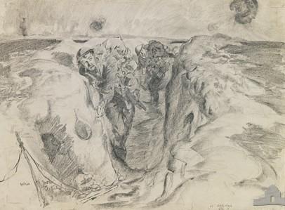 'Fletch & Dan coming back to Igaree Corner from Lagnicourt' a drawing by Will Dyson, 1917.