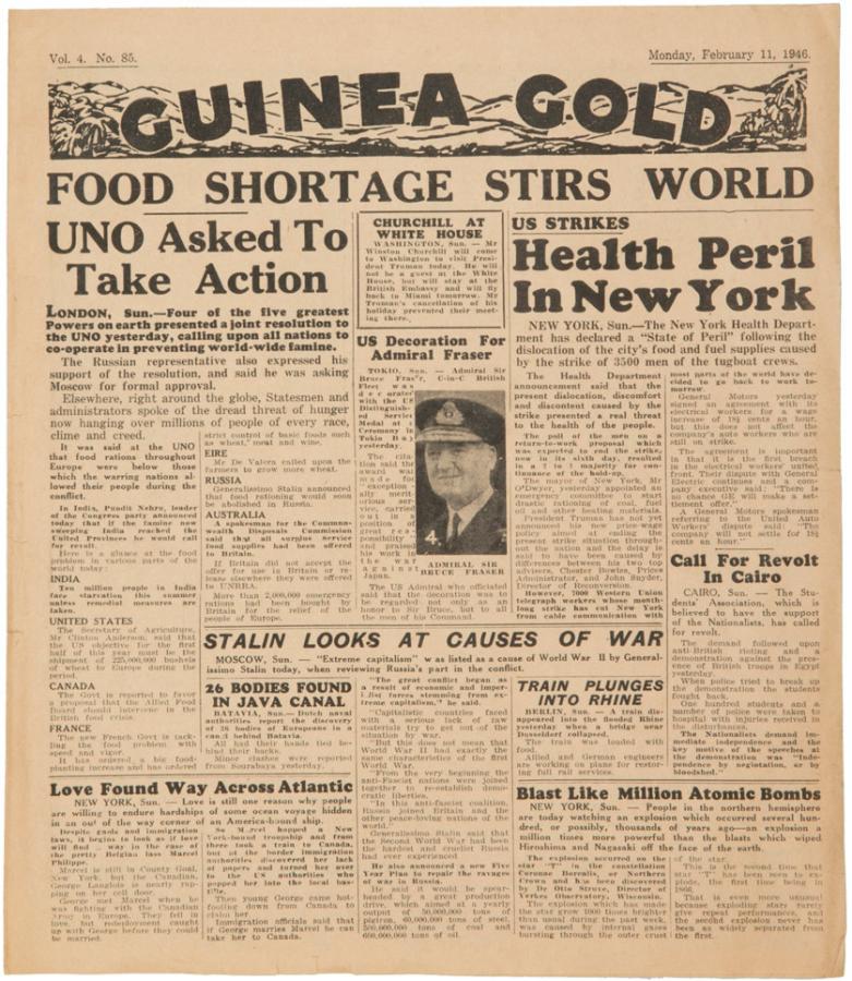 Front page from an edition of the Guinea Gold, February 1946