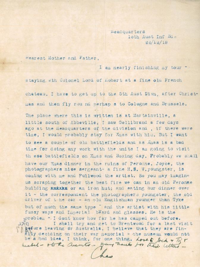 In closing this letter to his parents, dated 41 days after the armistice, Bean expresses belief that a war memorial and museum to the recent sacrifice was gaining traction [AWM38 3DRL7447 7 to 8]