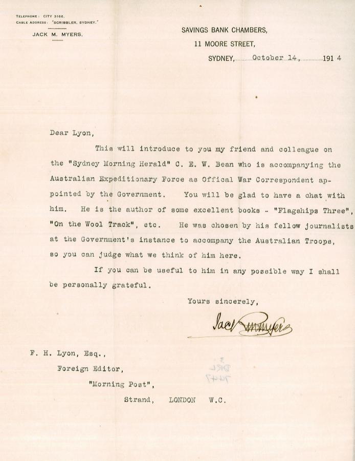 Bean’s appointment to the role of war correspondent was distributed widely among his peers. This letter introduces Bean to his contemporaries in London [AWM38 3DRL7447 1 to 16]