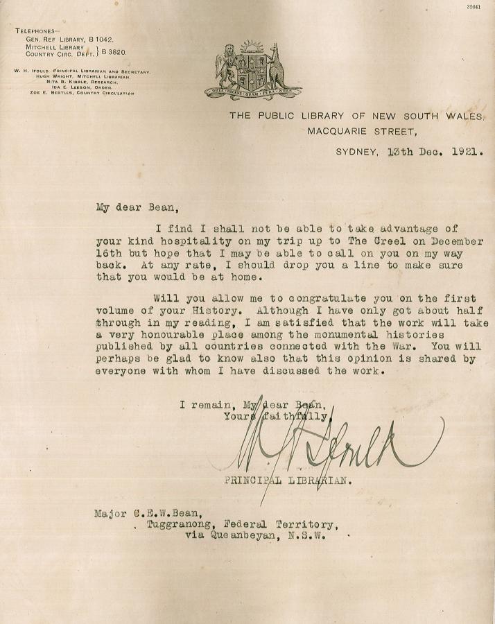 The State Library of NSW (The Mitchell Library) wrote to Bean in 1921 expressing approval on behalf of that institution to undertake the official histories [AWM38 3DRL8040 1 PART1]