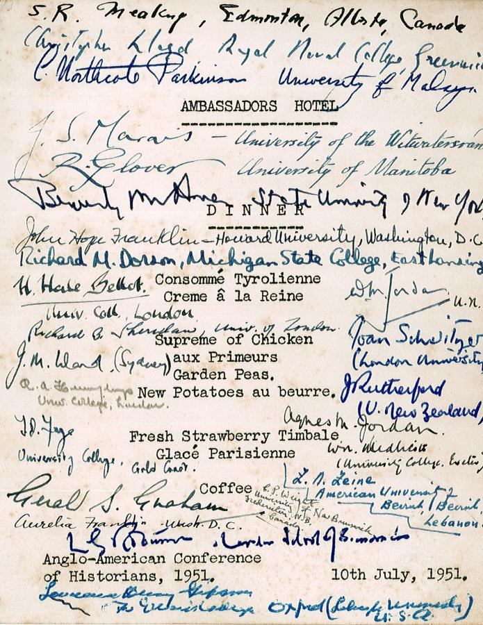 The publication of the official histories confirmed Bean’s standing among his historian colleagues. A signed menu card from 1950s [AWM38 D7]