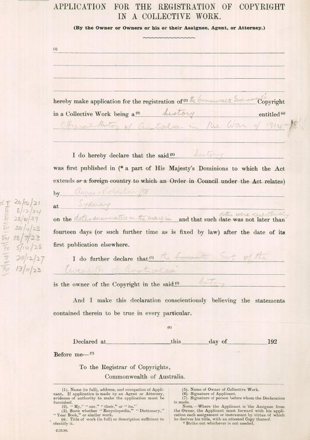 An early draft used by Bean to submit the official histories for Commonwealth copyright protection [AWM38 D2]