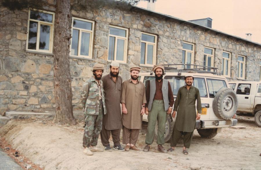 Like the locals, Harry (third from left) grew a beard and often dressed in local robes known as salwar kameez. (Photograph courtesy of Harry Jarvie)