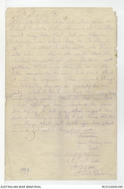 Extract letter from Sergeant Richard Job Gardiner to his Father