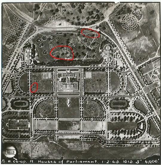 A vertical view of Parliament House and surrounds, 1943, with trenches