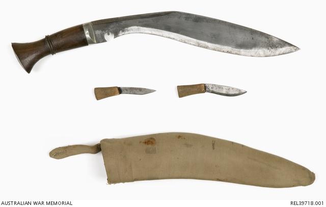 A siropate kukri knife, with accoutrements, designed for war fighting. AWM REL39718.001