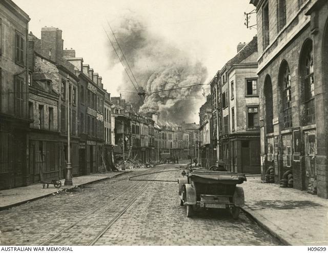 The principal Somme city of Amiens under German shelling during the 1918 offensive