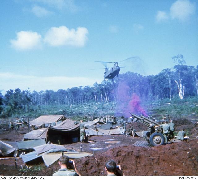 A US Army CH-47 Chinook helicopter delivers stores to 102 Field Battery, FSB Coral, 12 May 1968
