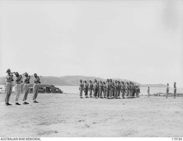 Lowering of the colours ceremony, Thursday Island, 1945.