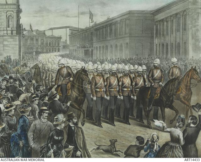 The red-coated New South Wales contingent flanked by crowds of well-wishers as they march past Gresham Street, Sydney, towards Circular Quay. Artist unknown, Departure of the New South Wales contingent from Sydney for the Sudan (1885, hand-coloured lithograph, 55.6 x 70.7 cm.) 
