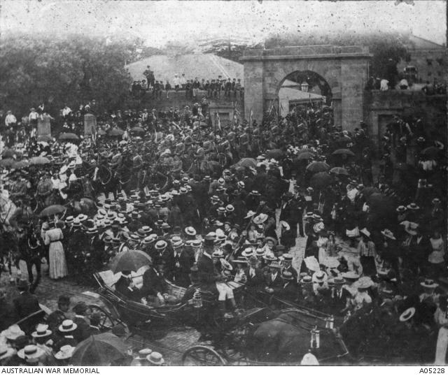 New South Wales Lancers parade through Sydney on the day of their departure for the South African War in 1899.