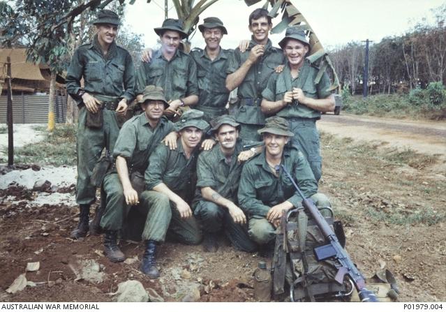 A group portrait of the members of the assault pioneer platoon, support company, 7RAR shortly before they left on Operation Coburg.