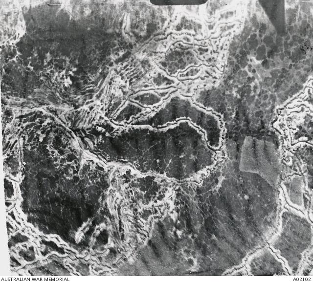 Aerial view of the trenches at Lone Pine taken in June 1915, only weeks before the battle.