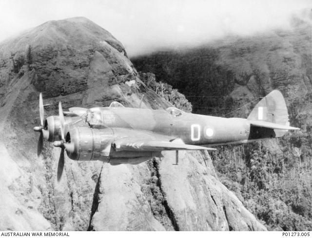 A Bristol Beaufighter of No. 30 Squadron RAAF returning from a raid on Lae in March 1943.