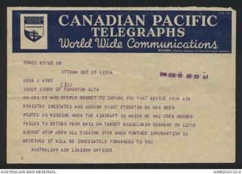 Telegraph informing Jean that Ron was missing, dated 15 August 1944