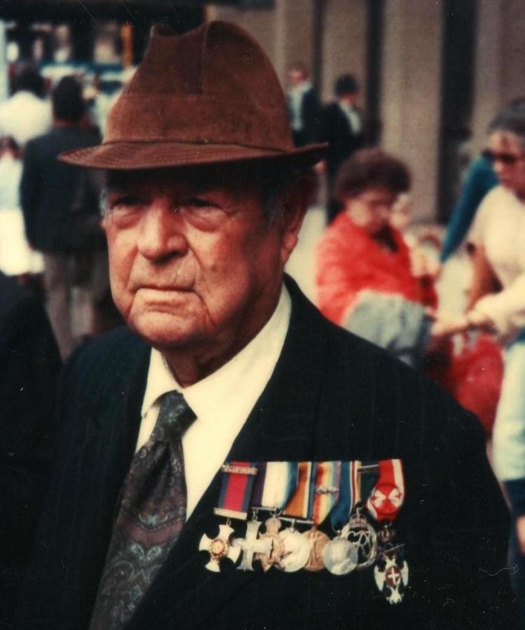 Lieutenant-Colonel Stan Watson CBE DSO MC ED (ret’d), wearing his Serbian Order of the White Eagle with Swords on the extreme right, photographed on King William Street in Adelaide, South Australia on Anzac Day 1980.