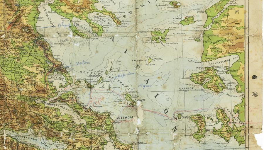 A detail of the map the men used to escape mainland Greece.