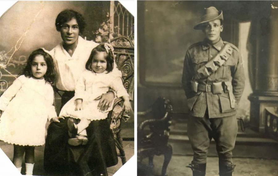 Alf's sister Dorothy with her children, left, and the mystery soldier, right.