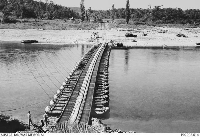 Imjin River, Korea, 1951-10. A pontoon bridge, code name Pintail, across the Imjin River. 