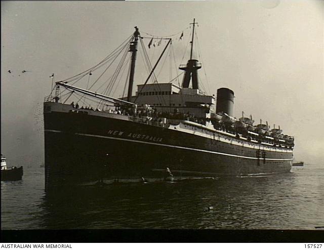 Pusan, Korea. 1953-03-21. The ship New Australia carrying troops of the 2nd Battalion, The Royal Australian Regiment (2RAR), as it is about to pull into the harbour.