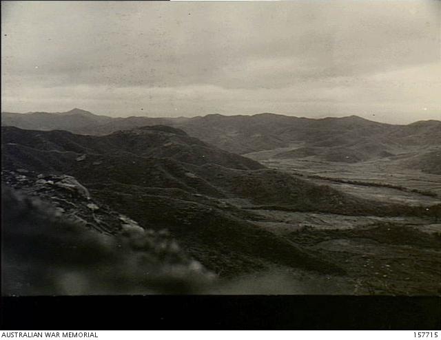Majon'ni, Korea. 1953-07-27. Forward slopes of portion of The Hook defences showing 1 Commonwealth Division line at the cease fire.