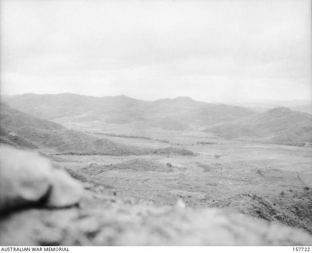Majon'ni, Korea. 1953-07-27. View along the valley of No Mans Land in front of The Hook defences at the 1 Commonwealth Division lines at the cease fire.