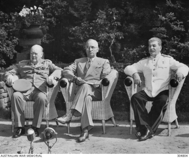 Allied leaders Prime Minister Winston Churchill, President Harry S. Truman and Soviet premier Joseph Stalin, Potsdam, Germany