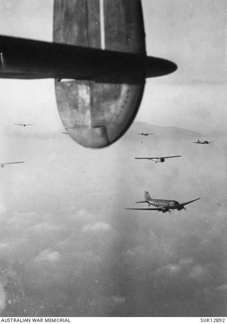 British Gliders being towed by a Dakota aircraft over southern France.