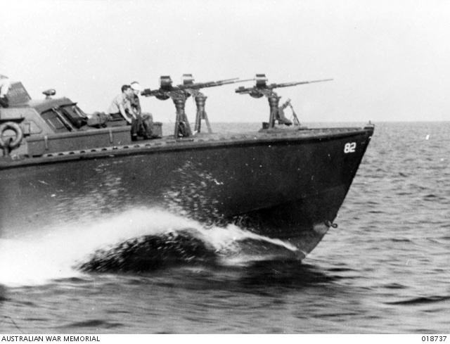 An American PT boat patrol out during Allied invasion operations in 1945.