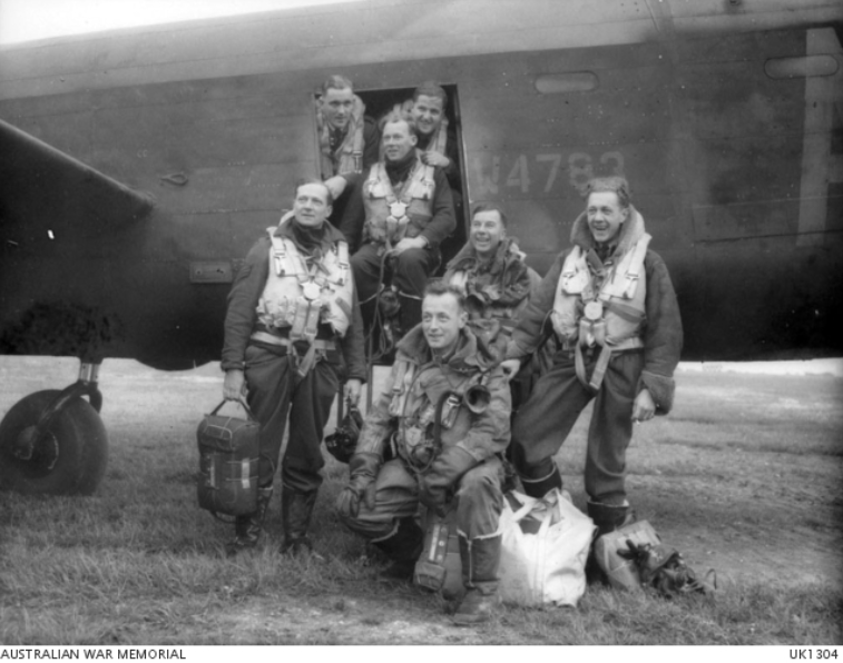 Members of the crew of "G" for George, the veteran Lancaster aircraft of 460 Squadron RAAF in the UK, in front of their aircraft. . This aircraft has completed ninety operations and has been earmarked for the Australian War Museum after the war  https://www.awm.gov.au/collection/C262331