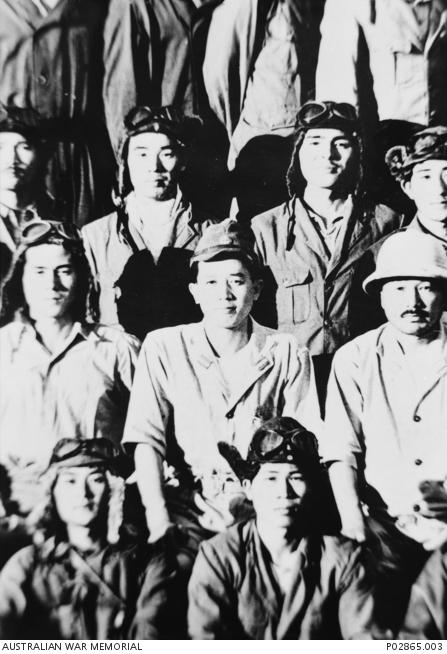 Japanese Imperial Navy pilots in Rabaul, New Britain, 4 August 1942. Naval Air Pilot First Class Saburō Sakai stands second from the left, AWM P02865.003