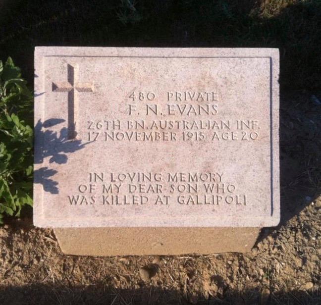 F.N. Evans' grave at Shrapnel Valley, Gallipoli.