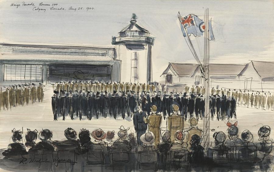 R Malcolm Warner, Wings Parade Course 100, Calgary, 25 August 1944, pen and ink with watercolour over charcoal on paper, ART23085