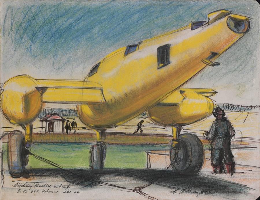 R Malcom Warner, Ditching Practice in Tank, Nassau, December 1944, pastel and ink on paper, ART24149.