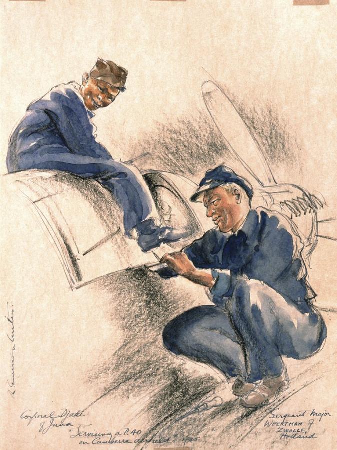 R Emerson Curtis, Mixed Nationalities on Canberra Airfield, 1945, pen and blue ink, watercolour with black crayon on paper, ART21386