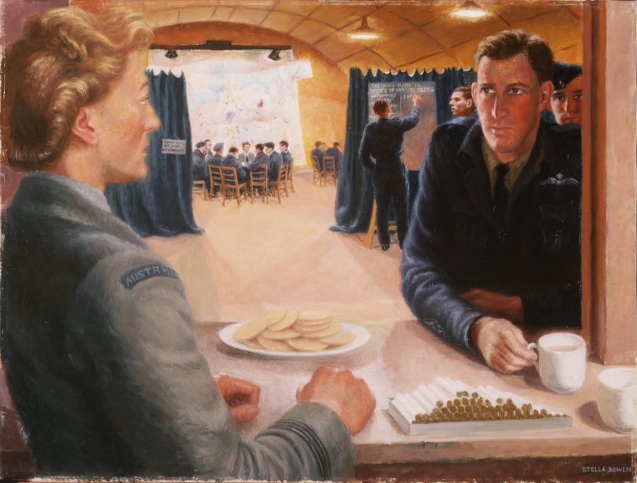 Stella Bowen, D-Day, 0300 Hours, Interrogation Hut, Warrant Officer George Lindenberg, 1944-5, oil on canvas, ART26266.