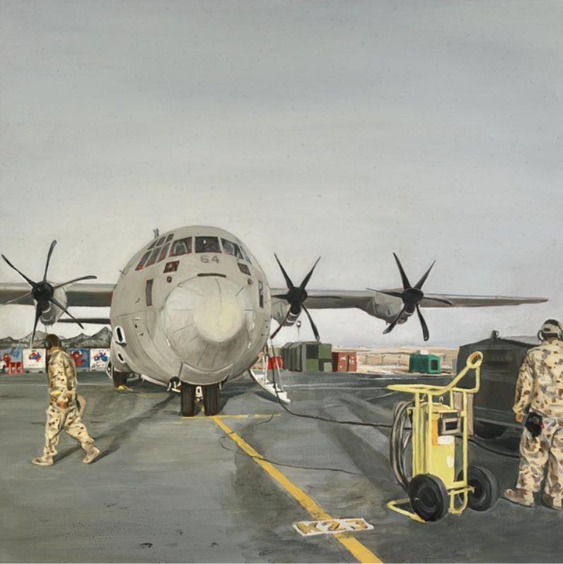 Lyndell Brown and Charles Green, Late afternoon, flight line, military installation, Middle East, 2007, oil on linen, ART93292. 