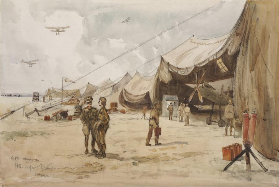 A Henry Fullwood, AIF Aerodrome Near Bertangles, 1918, watercolour and gouache with pencil and charcoal on paper, ART02477.