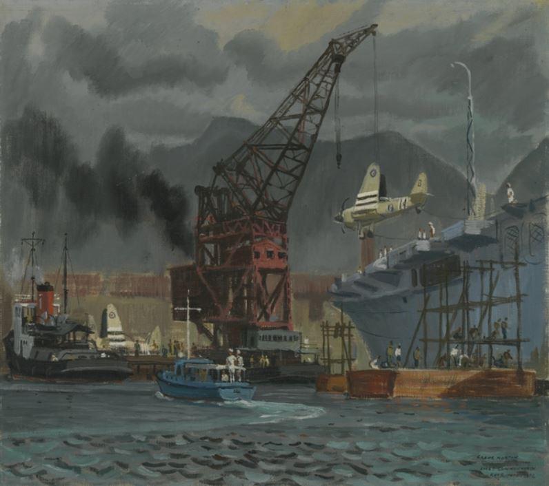 Frank Norton, Unloading Aircraft (HMS Ocean), 1952, oil on canvas on plywood, ART40004