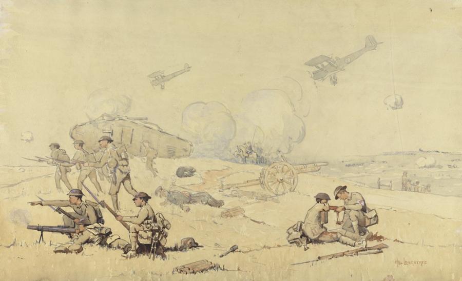 Will Longstaff, Australians Advancing from Villers-Bretonneux, August 8th 1918, 1918, watercolour over pencil with gouache on paper, ART15522.
