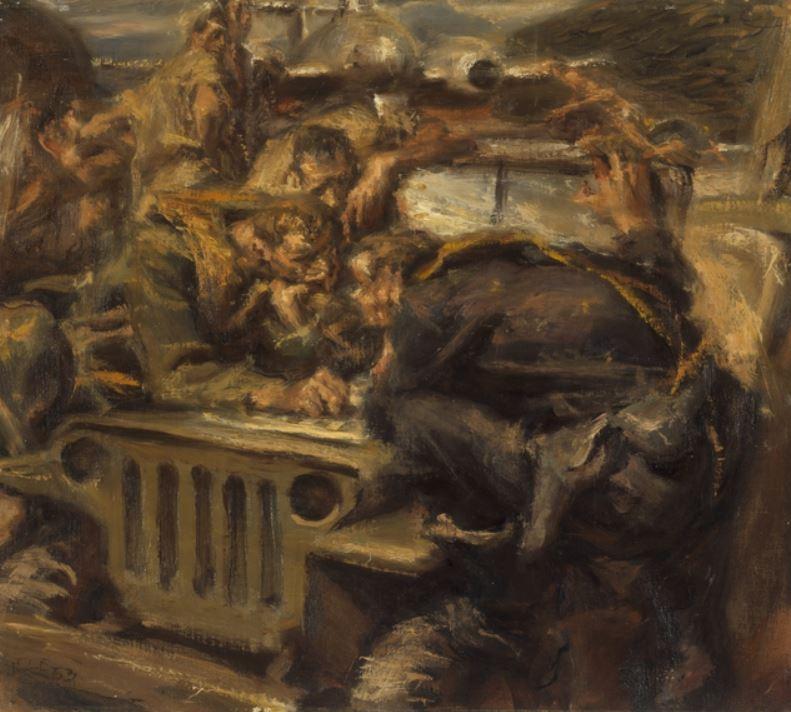 Ivor Hele, Playing Draughts Waiting for Flight, 1953, oil on canvas on hardboard, ART40321