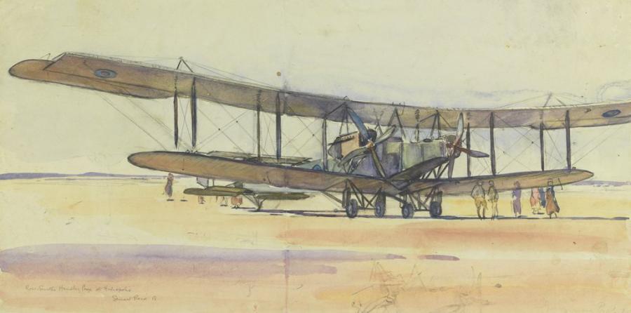 Stuart Reid, Ross Smith’s Handley Page at Heliopolis 1918, 1918, watercolour over pencil on paper, ART50105. 