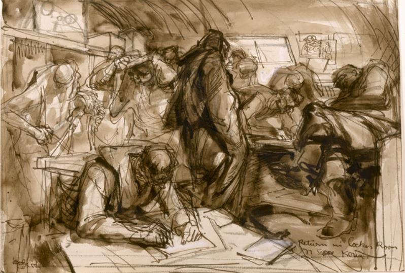 Ivor Hele, Return from Flight, Locker Room, 1952, pen and brush and sepia ink, white gouache, pencil on paper, ART40360